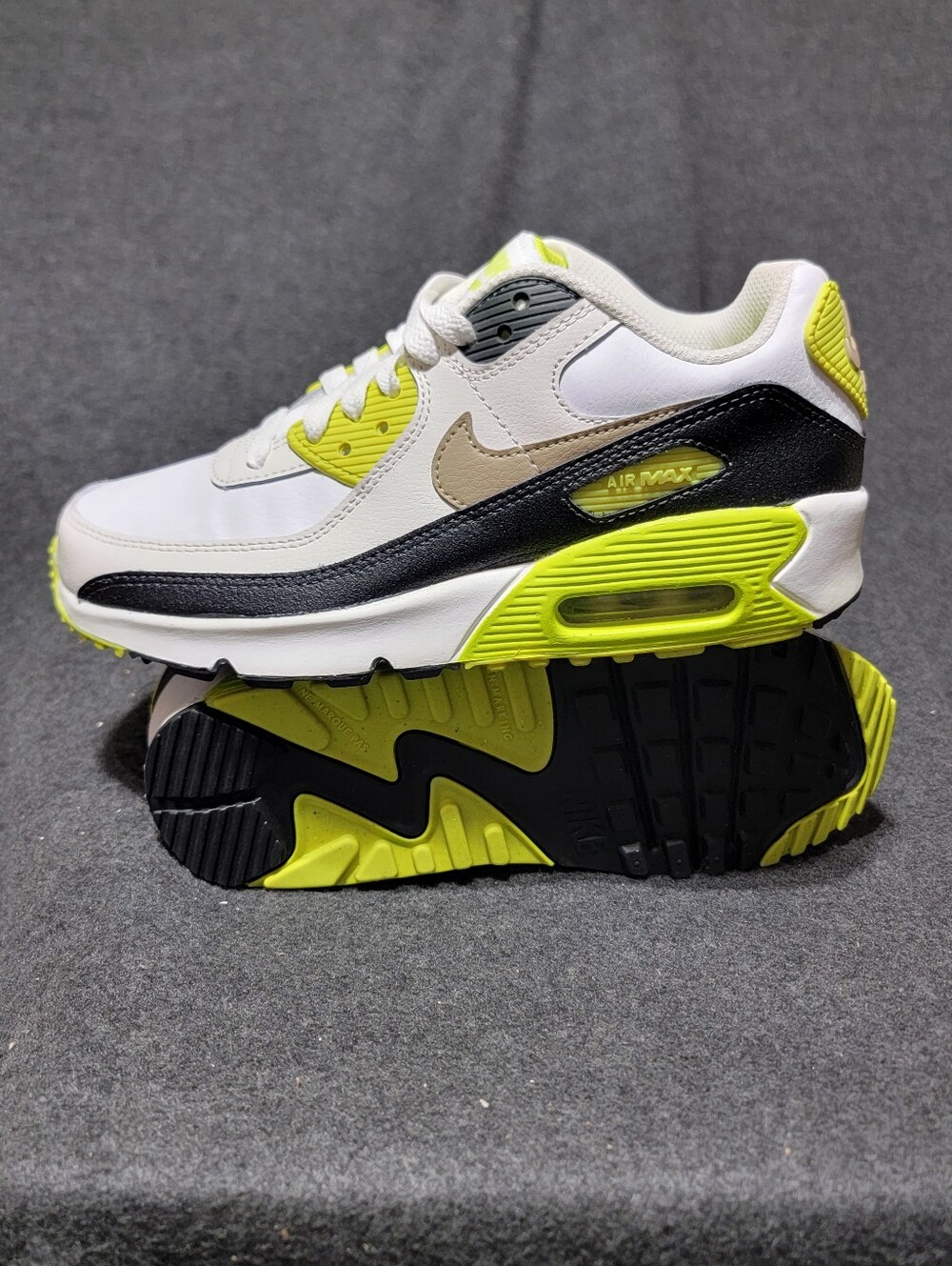 Nike Air Max 90 'Cyber' in the White/Cyber/Dark Smoke Grey/Khaki colorway  4Y